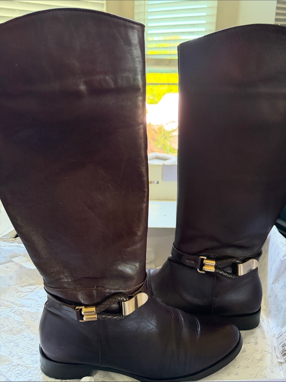 Tall Dark Brown genuine Mexican Leather Riding Boots with Gold Buckle